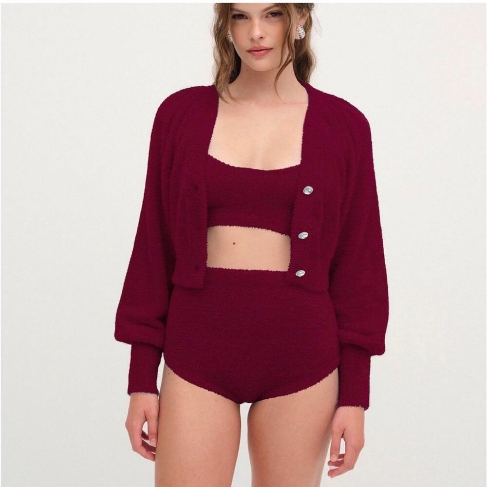 NWT For Love & Lemons Fiona Fuzzy Cardigan Sweater Size Large Deep Red Women